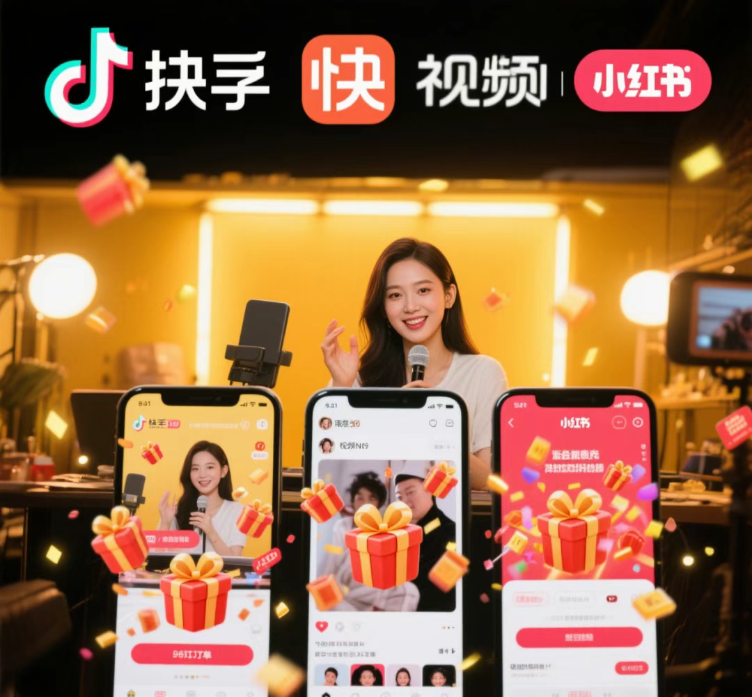 一女抖音快手视频号小红书三部手机.png